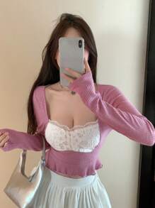 DAZY Contrast Lace Lettuce Trim Crop Tee - Pink - View 4