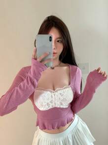 DAZY Contrast Lace Lettuce Trim Crop Tee - Pink - View 5