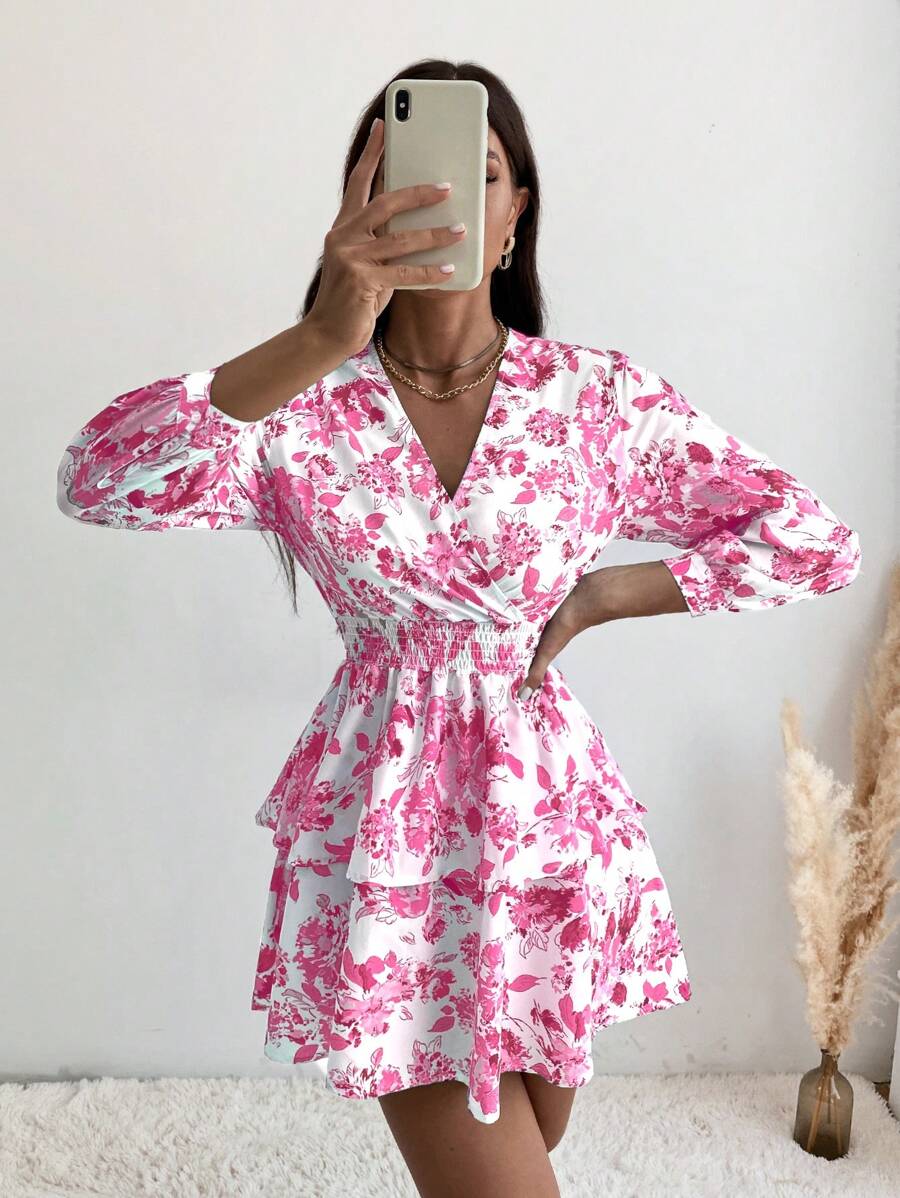 Revavyn In hoa Tay áo lồng đèn Hai lớp Hem Đầm - Hồng - Xem 1