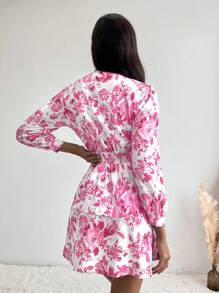 Revavyn In hoa Tay áo lồng đèn Hai lớp Hem Đầm - Hồng - Xem 2