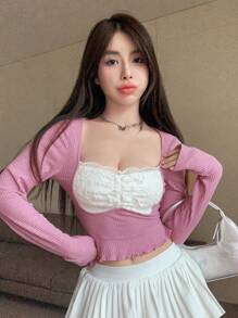 DAZY Contrast Lace Lettuce Trim Crop Tee - Pink - View 7