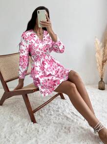 Revavyn In hoa Tay áo lồng đèn Hai lớp Hem Đầm - Hồng - Xem 5