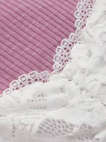 DAZY Contrast Lace Lettuce Trim Crop Tee - Pink - View 8