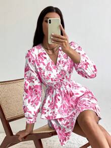 Revavyn In hoa Tay áo lồng đèn Hai lớp Hem Đầm - Hồng - Xem 6