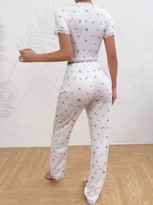 Ditsy Floral Print Lace Trim PJ Set - White - View 2