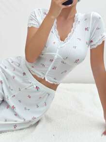 Ditsy Floral Print Lace Trim PJ Set - White - View 3