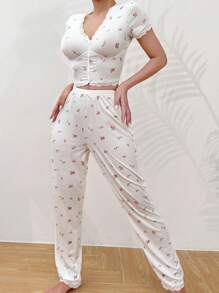 Ditsy Floral Print Lace Trim PJ Set - White - View 4