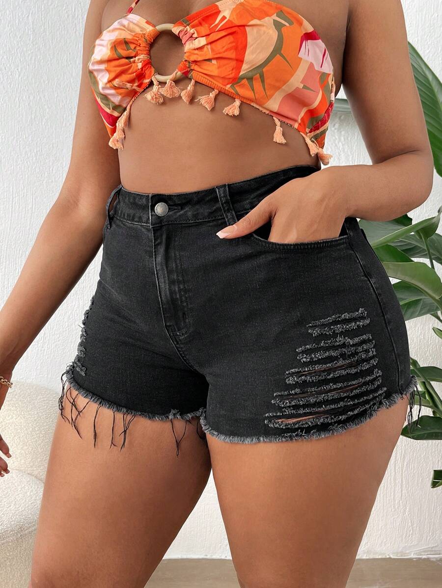 SHEIN SXY Plus Ripped Raw Hem Denim Shorts - Black - View 1