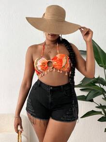SHEIN SXY Plus Ripped Raw Hem Denim Shorts - Black - View 2