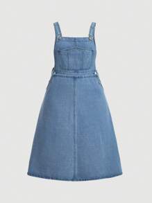 SHEIN EZwear 大碼口袋貼布牛仔背帶裙 - 淺色水洗藍 - 查看 1