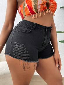 SHEIN SXY Plus Ripped Raw Hem Denim Shorts - Black - View 5