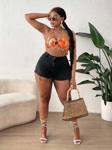 SHEIN SXY Plus Ripped Raw Hem Denim Shorts - Black - View 6