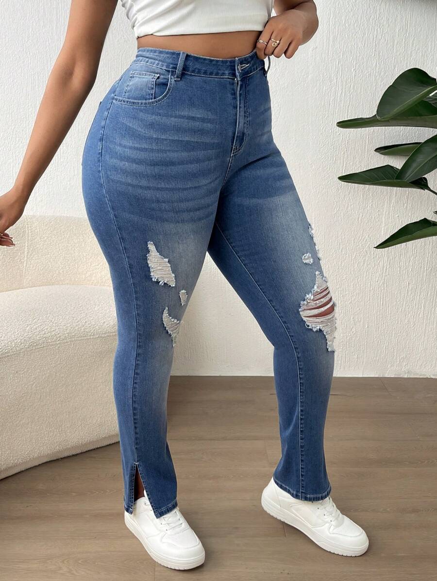 SHEIN SXY Plus High Waist Ripped Split Hem Skinny Jeans - Medium Wash - View 1