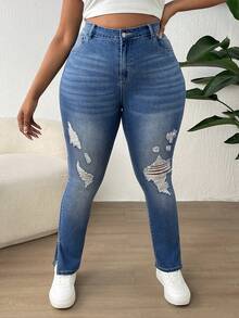 SHEIN SXY Plus High Waist Ripped Split Hem Skinny Jeans - Medium Wash - View 6