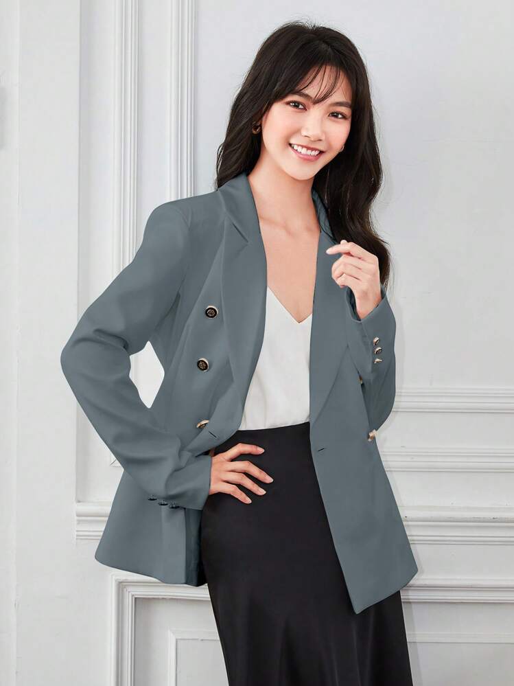 SHEIN Unity Solid Double Breasted Blazer - Blue - View 3