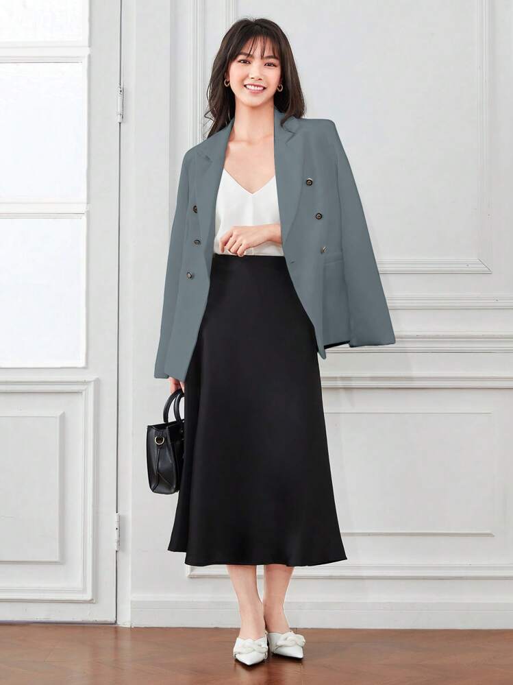 SHEIN Unity Solid Double Breasted Blazer - Blue - View 4