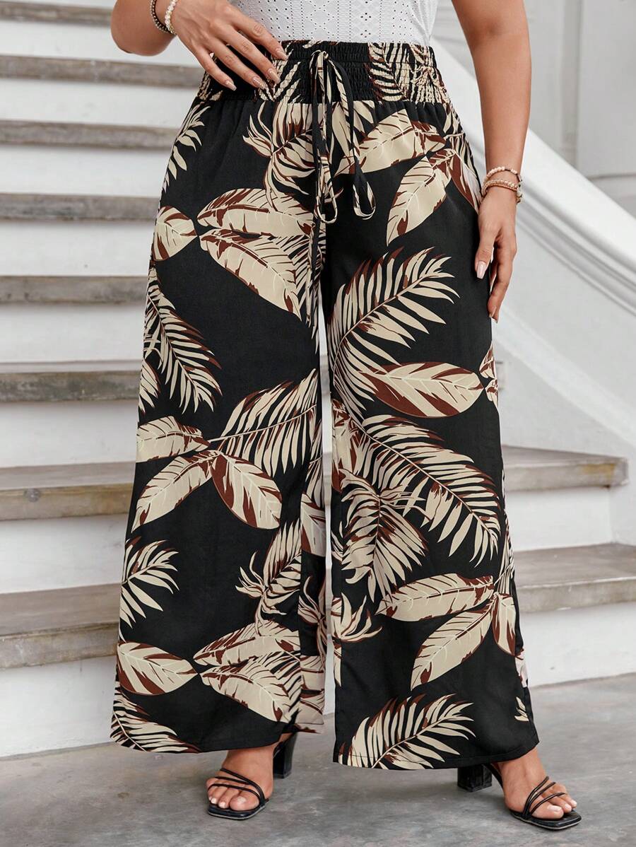 SHEIN LUNE 大碼熱帶圖案前打結闊腿褲 - 黑色 - 查看 1