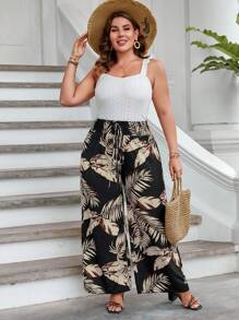 SHEIN LUNE 大碼熱帶圖案前打結闊腿褲 - 黑色 - 查看 4
