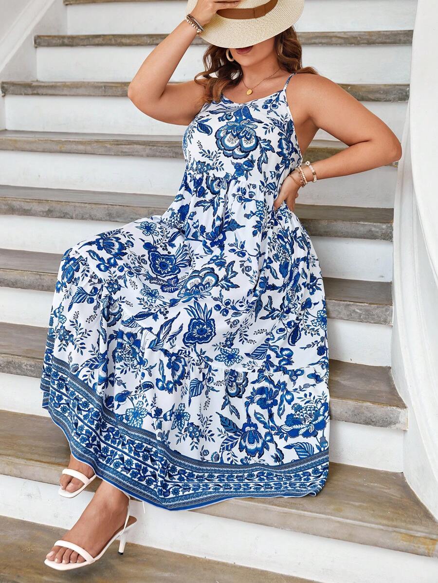 SHEIN VCAY Plus Floral Print Cami Dress - Blue and White - View 1