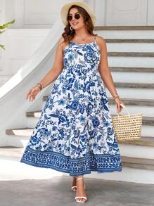 SHEIN VCAY Plus Floral Print Cami Dress - Blue and White - View 3