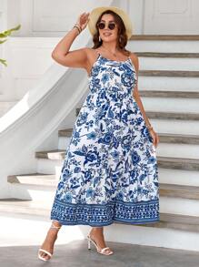 SHEIN VCAY Plus Floral Print Cami Dress - Blue and White - View 4