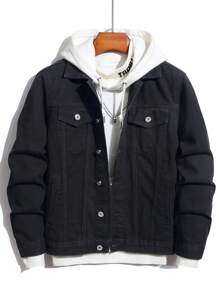 Manfinity Men Flap Pocket Denim Jacket Without Hoodie - Black - View 1