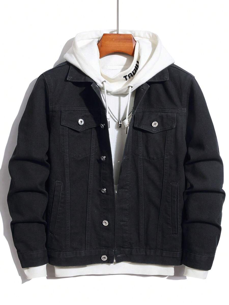 Manfinity Men Flap Pocket Denim Jacket Without Hoodie - Black - View 1