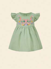 Cozy Pixies Baby Floral Print Ruffle Trim Dress - Mint Green - View 3