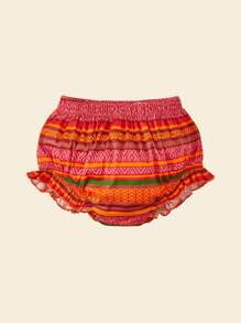 SHEIN 嬰兒條紋圖案荷葉邊上衣和短褲和頭巾 - 彩色 - 查看 4