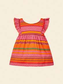 SHEIN 嬰兒條紋圖案荷葉邊上衣和短褲和頭巾 - 彩色 - 查看 5