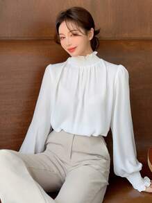 DAZY 纯色荷叶边装饰立领灯笼袖衬衫，荷叶边，秋季服装高领女式长袖上衣 - 白色 - 查看 3
