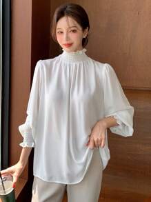 DAZY 纯色荷叶边装饰立领灯笼袖衬衫，荷叶边，秋季服装高领女式长袖上衣 - 白色 - 查看 4