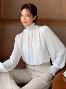 DAZY 纯色荷叶边装饰立领灯笼袖衬衫，荷叶边，秋季服装高领女式长袖上衣 - 白色 - 查看 6
