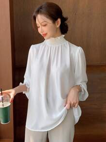 DAZY 纯色荷叶边装饰立领灯笼袖衬衫，荷叶边，秋季服装高领女式长袖上衣 - 白色 - 查看 8