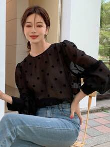 DAZY 波尔卡圆点泡泡袖锁眼后背衬衫，荷叶边透视装，秋季女装长袖上衣 - 黑色 - 查看 4
