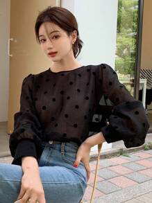 DAZY 波尔卡圆点泡泡袖锁眼后背衬衫，荷叶边透视装，秋季女装长袖上衣 - 黑色 - 查看 5