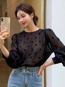 DAZY 波尔卡圆点泡泡袖锁眼后背衬衫，荷叶边透视装，秋季女装长袖上衣 - 黑色 - 查看 6