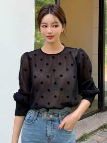 DAZY 波尔卡圆点泡泡袖锁眼后背衬衫，荷叶边透视装，秋季女装长袖上衣 - 黑色 - 查看 7