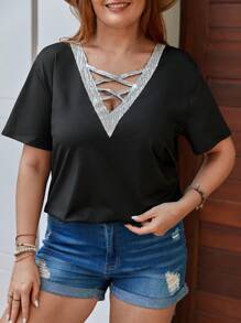 SHEIN LUNE Camiseta con lentejuela en contraste con tira cruzada delantera - Negro - Ver 3