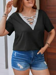 SHEIN LUNE Camiseta con lentejuela en contraste con tira cruzada delantera - Negro - Ver 4