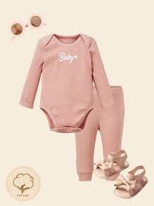 Cozy Pixies 鈕扣 羅紋針織心 字母嬰兒連體衣 - 藕粉色 - 查看 1