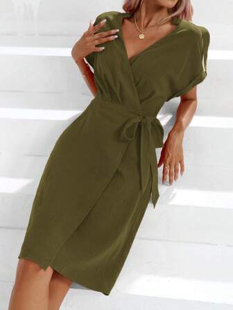 SHEIN Privé 素色蝙蝠袖圍裹側打結連衣裙