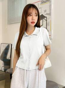 DAZY Áo thun nữ Nút phía trước màu trơn Giải trí - trắng - Xem 4