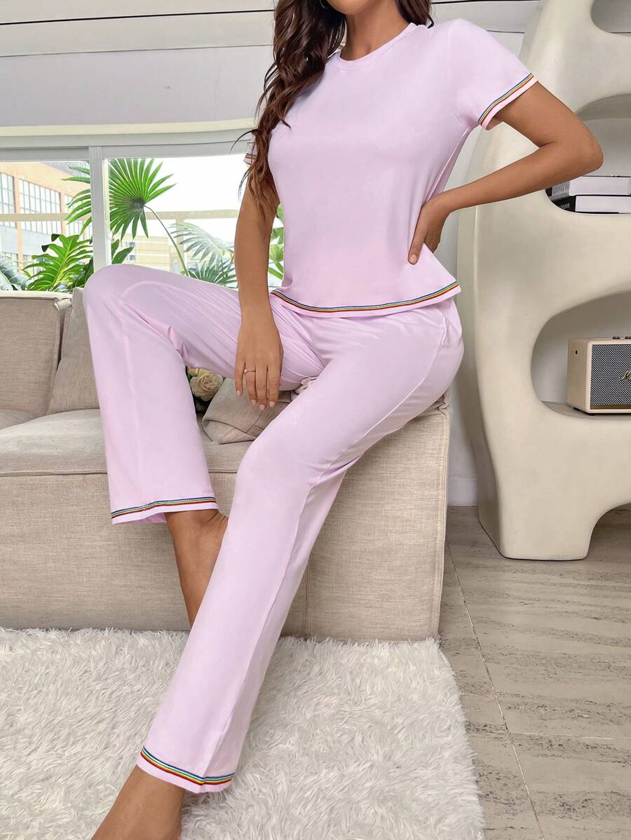 Contrast Trim Lounge Set - Baby Pink - View 1