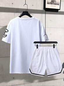 Manfinity Campus Court Men Letter Graphic Tee & Drawstring Waist Contrast Tape Shorts