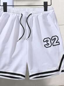 Manfinity Campus Court Men Letter Graphic Tee & Drawstring Waist Contrast Tape Shorts