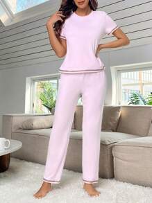 Contrast Trim Lounge Set - Baby Pink - View 4