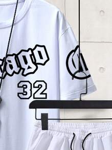 Manfinity Campus Court Men Letter Graphic Tee & Drawstring Waist Contrast Tape Shorts