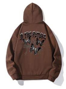 Manfinity EMRG 男士蝴蝶和標語圖案加絨內裏連帽衫 - 咖啡棕 - 查看 3