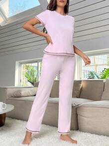 Contrast Trim Lounge Set - Baby Pink - View 5